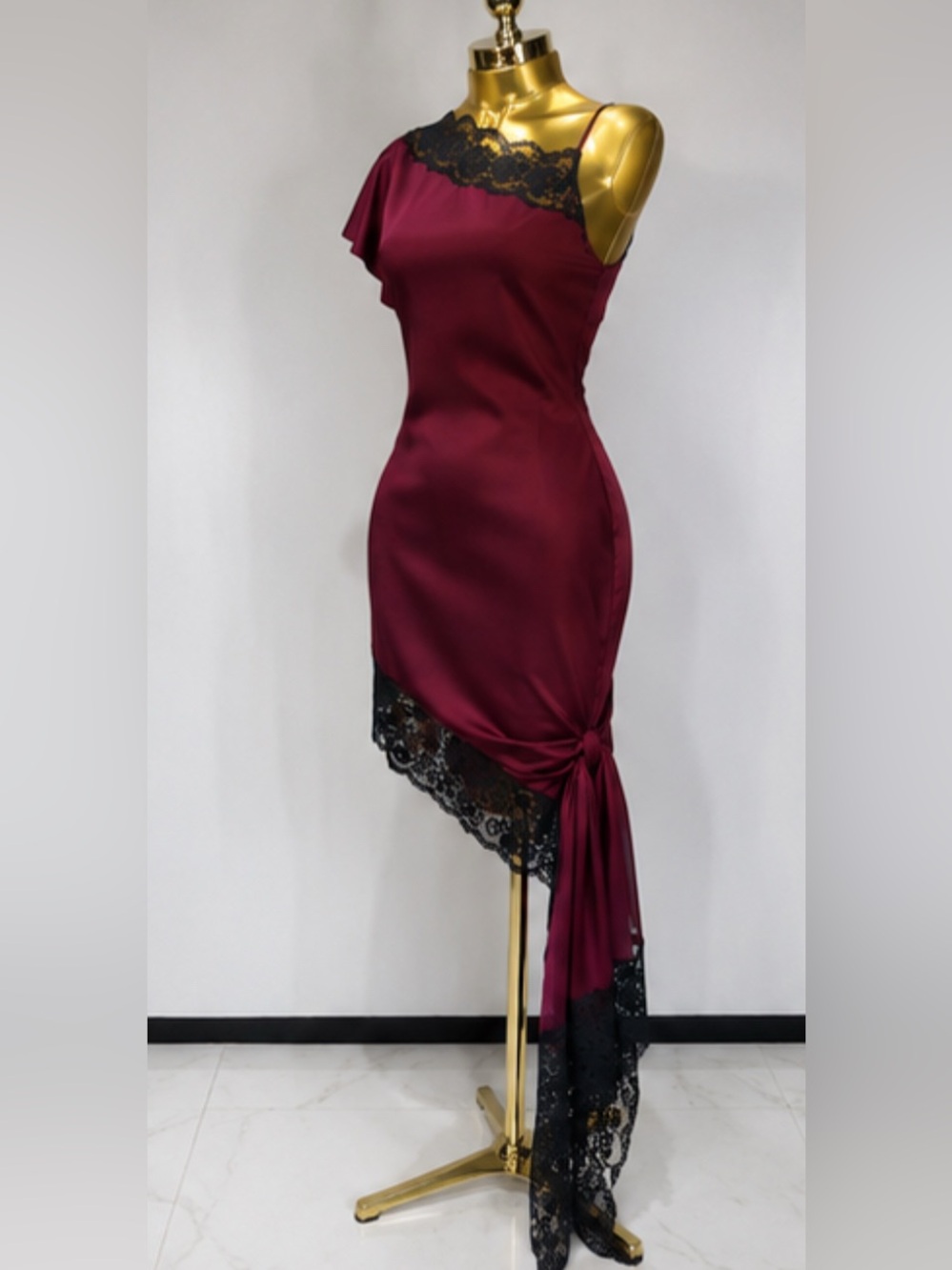 NEW $235 Bordeaux Lace Dress Elegant One-Shoulder Satin Lace Dress in Burgundy - Picture 4 of 6